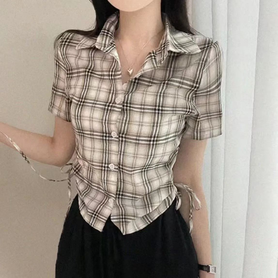 

2026 New Chic Korean Style Women's Shirt Short Sleeve Plaid Single Button Drawstring Design Versatile Top Breathable Lightweight