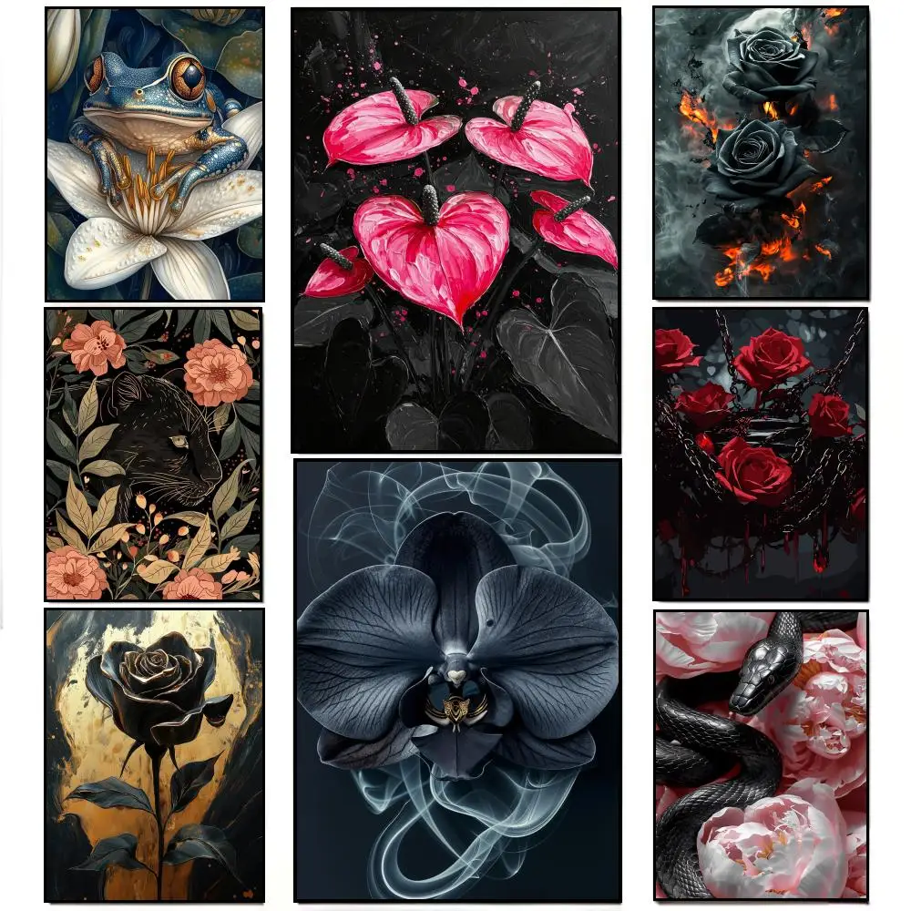 Retro Classic Elegant Black Rose Art Nouveau Poster Poster HD  Waterproof Wall Sticker Bar Living Room Decor Gift