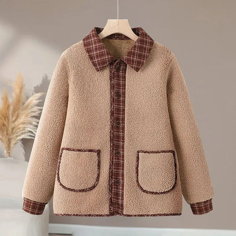 

Женская куртка с лацканами, осенне-зимняя свободная универсальная теплая клетка в клетку и бархатная стеганая женская куртка с хлопковой подкладкой, женское пальто