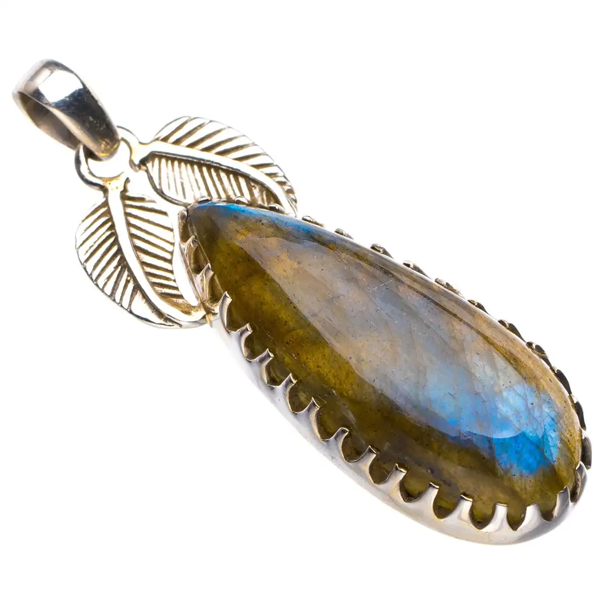 

StarGems Natural Blue Fire Labradorite Leaf Handmade 925 Sterling Silver Pendant 2" D5639