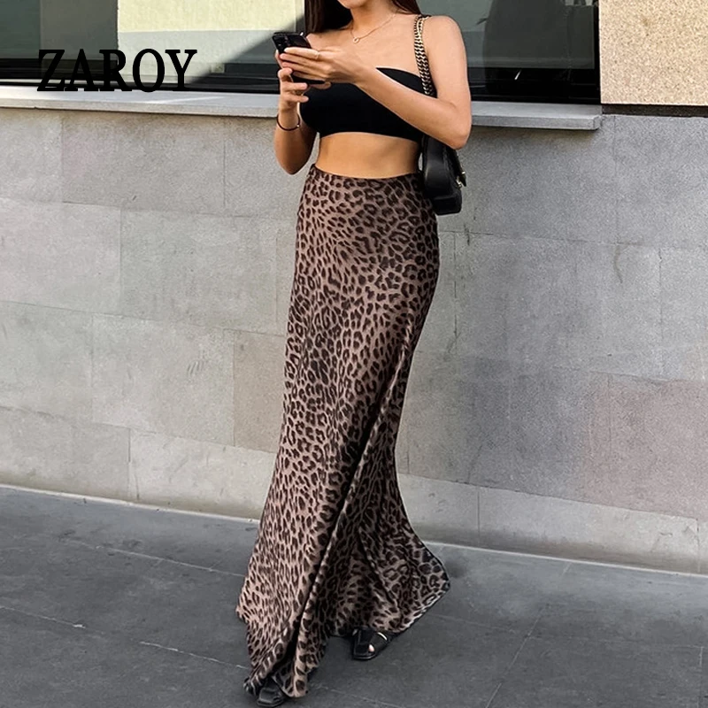 

ZAROY Vintage Leopard Fishtail Maxi Skirt Women Elegant High Waist Slim Long Satin Skirt Club Party Fashion Mermaid Skirt