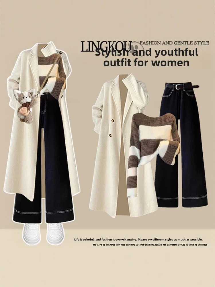

Large Size Autumn Winter Lady Sle Set Women's Long Coat Stripe Knitwear Slimming Jeans Tee Piece Set High Waist Long Pants