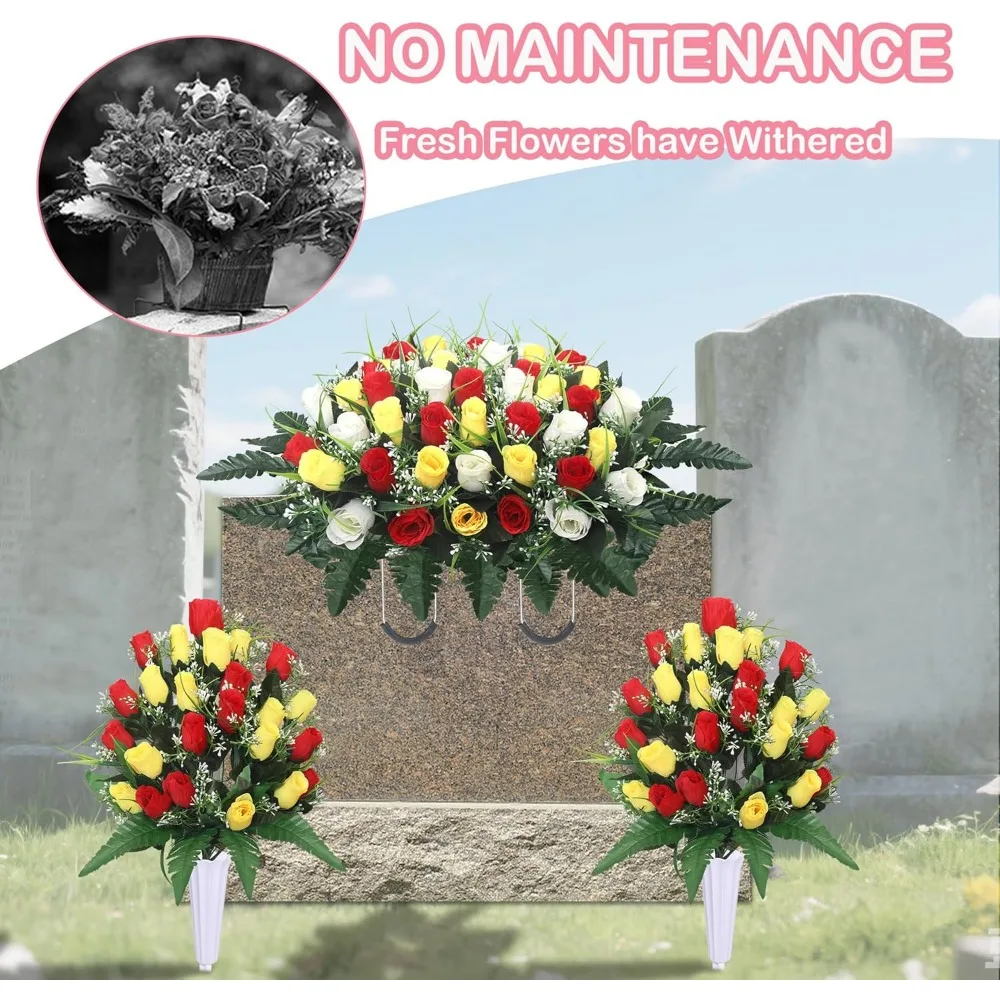 زهور المقبرة الاصطناعية مع مزهرية وباقات للقبور التذكاري وأحجار القبور #3