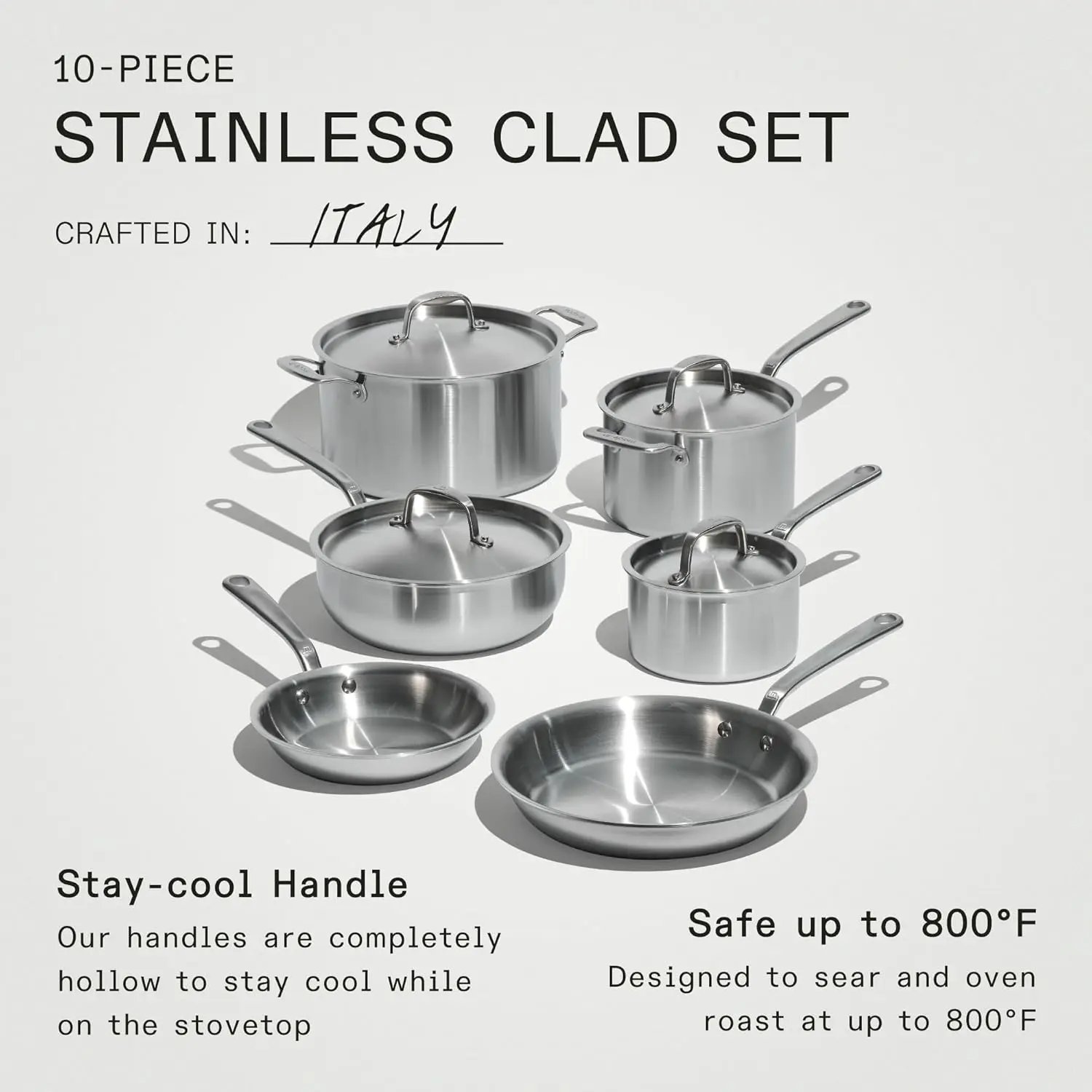 Cookware 10 Piece Stainless Steel Pot and Pan Set 5 Ply Clad Includes Stainless Steel Frying Pans, Saucepans, Saucier and Stock