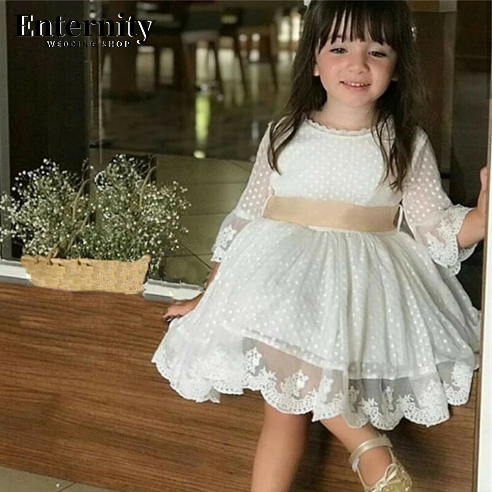 Flower Girl O Neck A-LINE Wedding Party Dress Flare Sleeve Bow Birthday Party Knee-Length Gown First Communion Dress