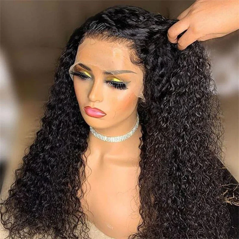 Perruque Lace Front Wig crépue bouclée sans colle, 26 pouces, cheveux noirs naturels, pre-plucked, avec baby hair, densité 180, pour femmes