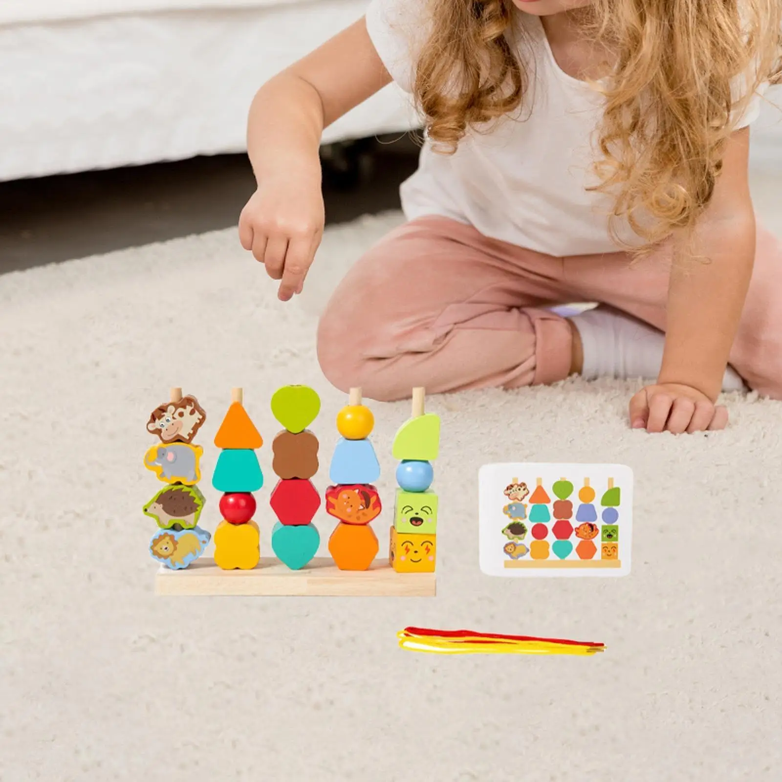 Wooden Beads Sequencing Toy Set Preschool Learning Fine Motor Skill Building Blocks Game Lacing Beads for Kids Age 3~6