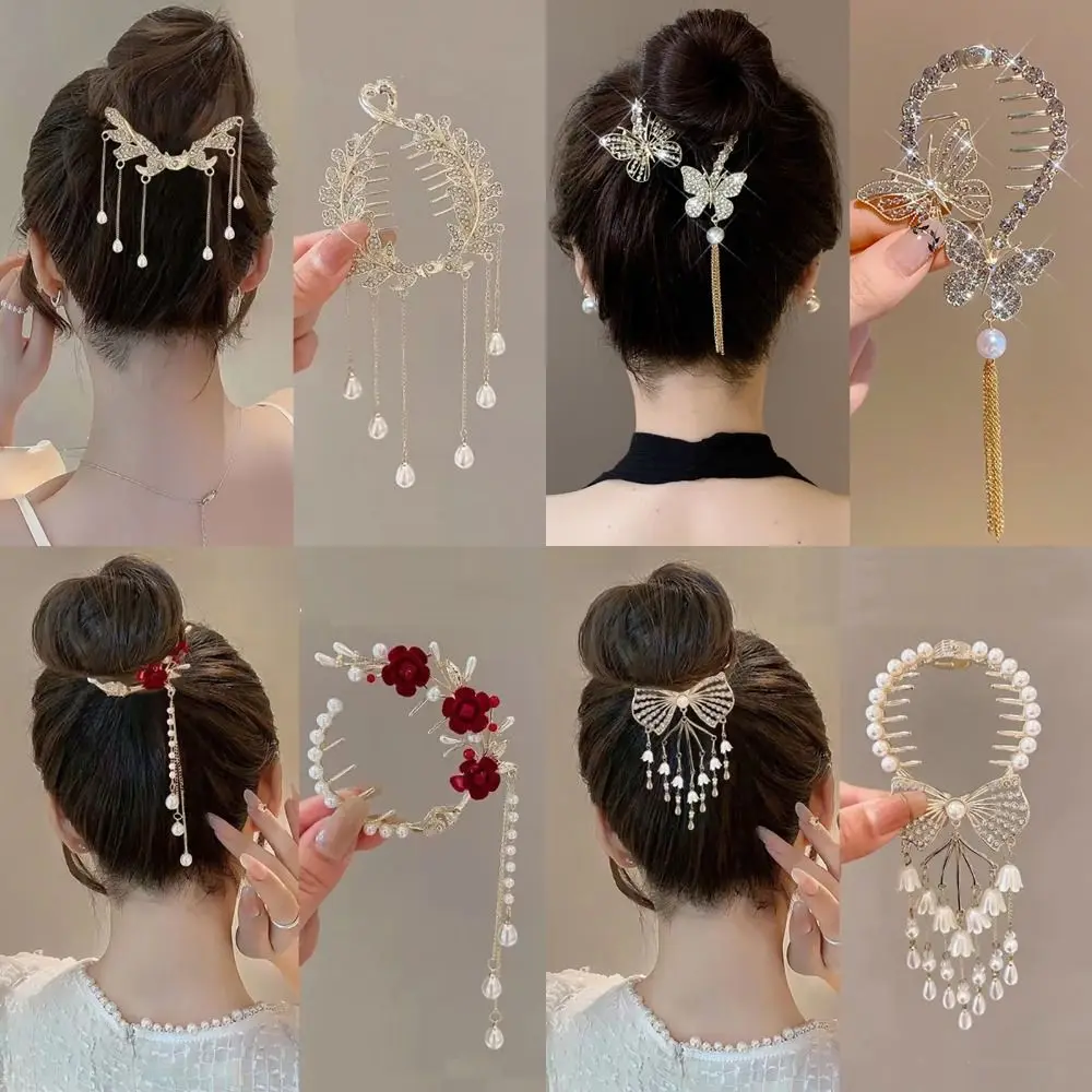 مشبك مشبك شعر كرة اللحم العتيق للفتيات ، سلسلة لؤلؤ أزهار ، شرابات ، دبابيس شعر ذيل حصان مخلب ، أنيقة