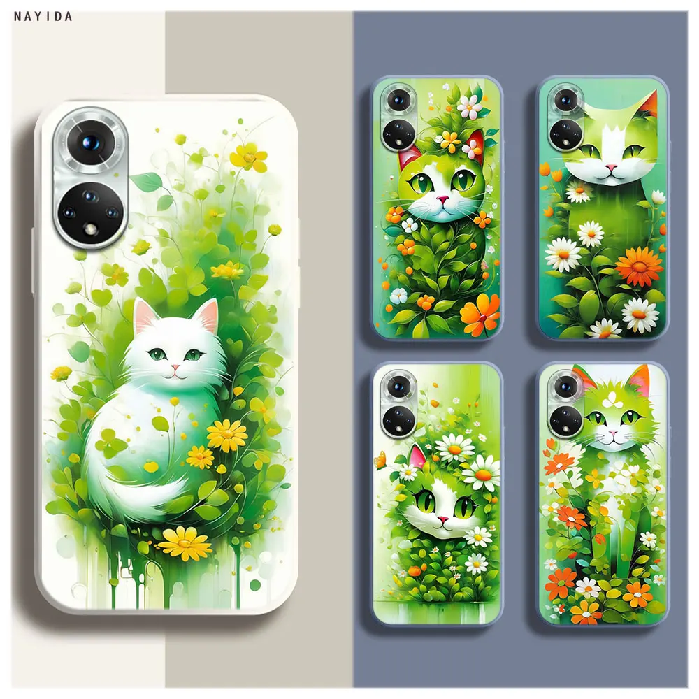 Phone Case For Honor 70 50 X6A X9B X7A X8A X9A Soft Silicone Original Cover Green Oil Painting Flower Cat