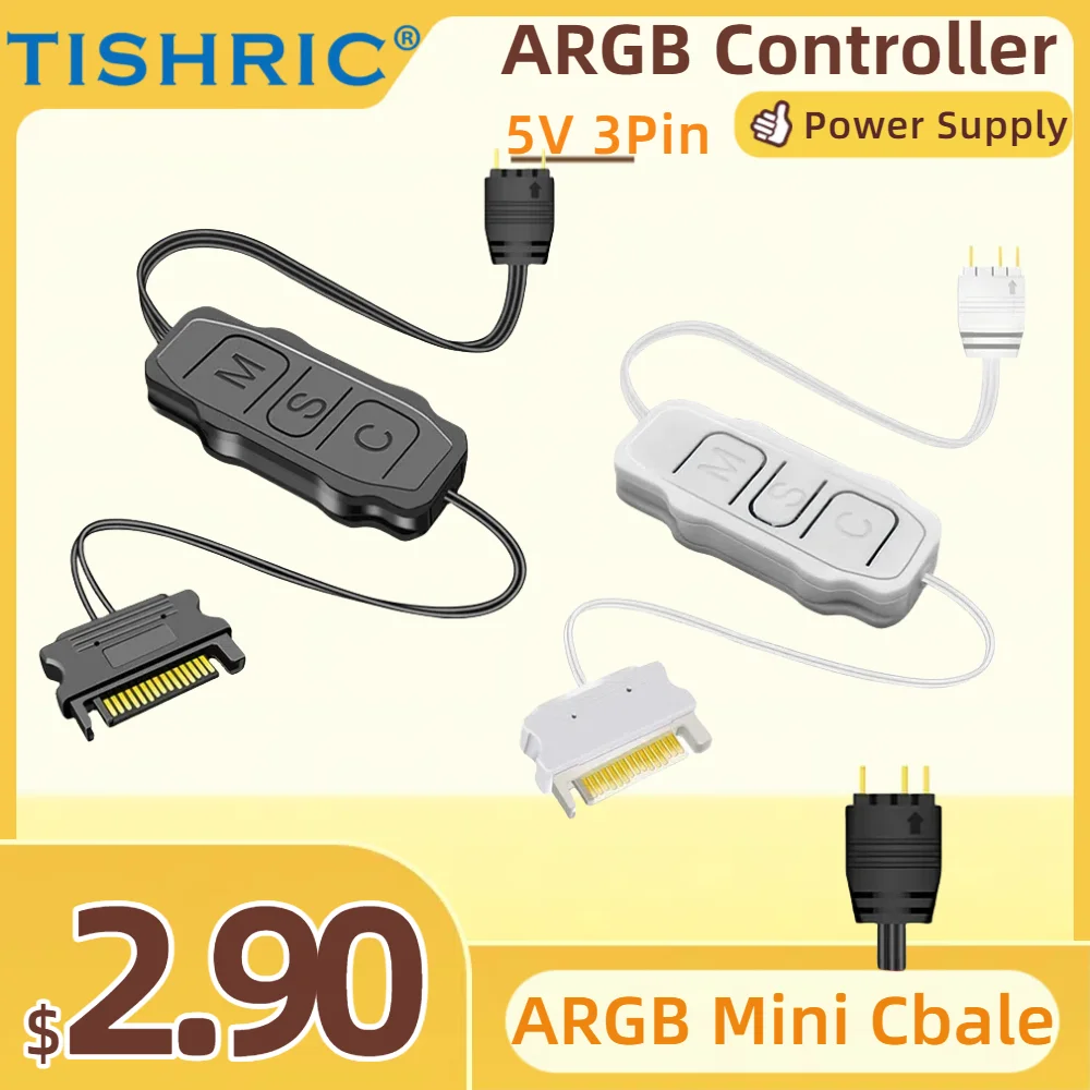 

TISHRIC ARGB Controller 5V 3Pin To SATA Power Supply ARGB Mini Control HUB Supply Cable Computer Case Fan Controller Adapter