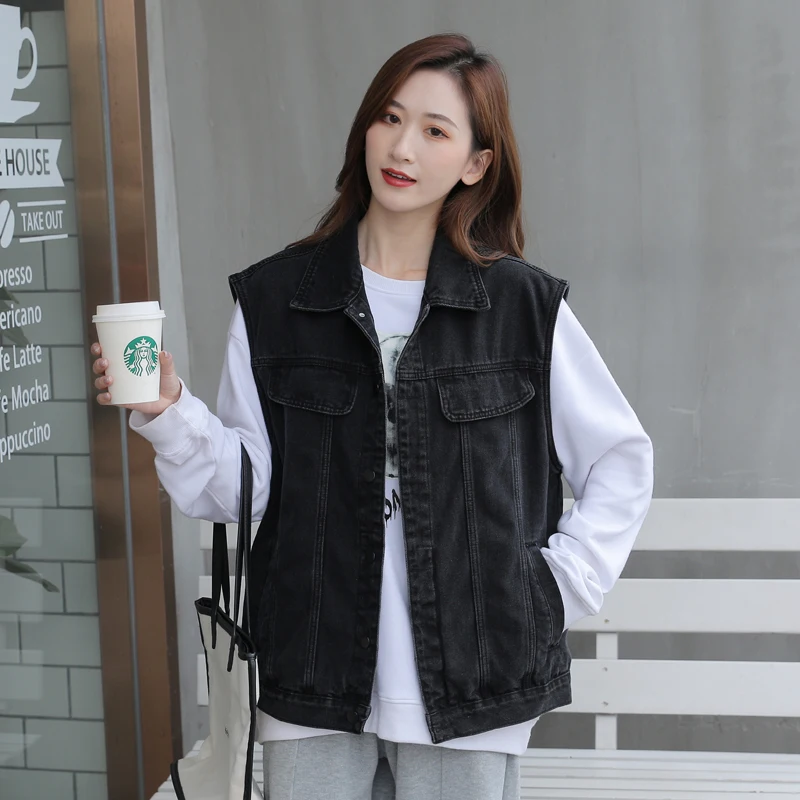 

Faionable Casual Loose Denim Vest Women's Spring Autumn Sle Outerwear Versatile Slimming Jaet Collar Single Button