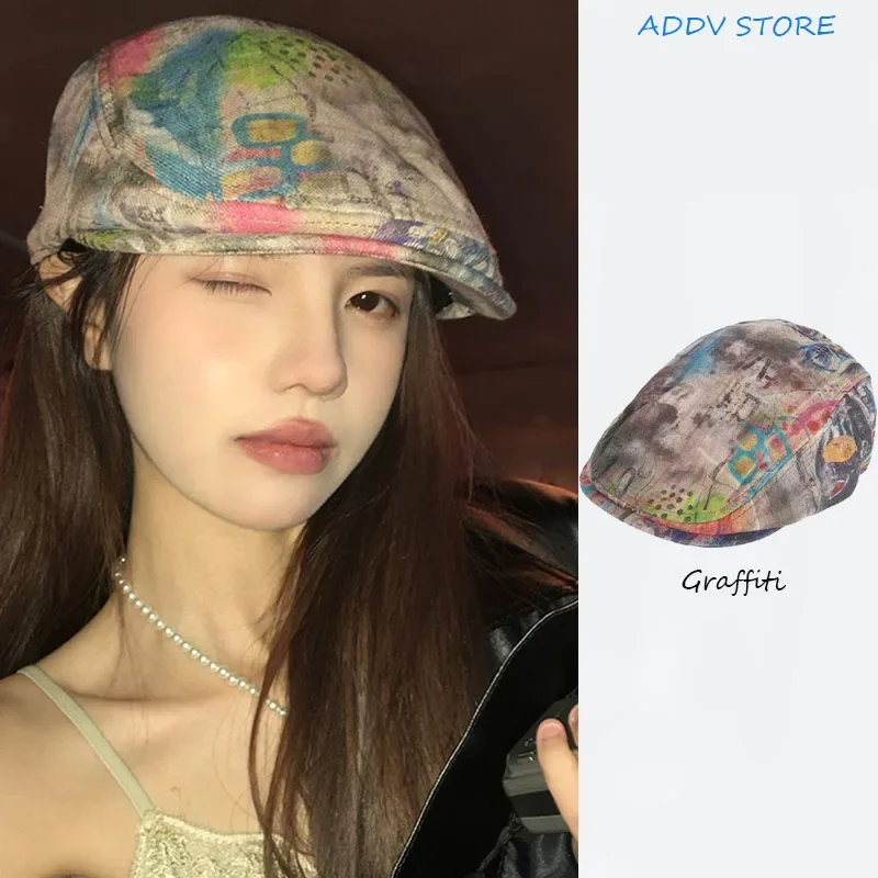 Y2K American Spice Girl Personalized Graffiti Forward Hats for Women Spring Summer Thin Niche Design Retro Beret Cap Casquette