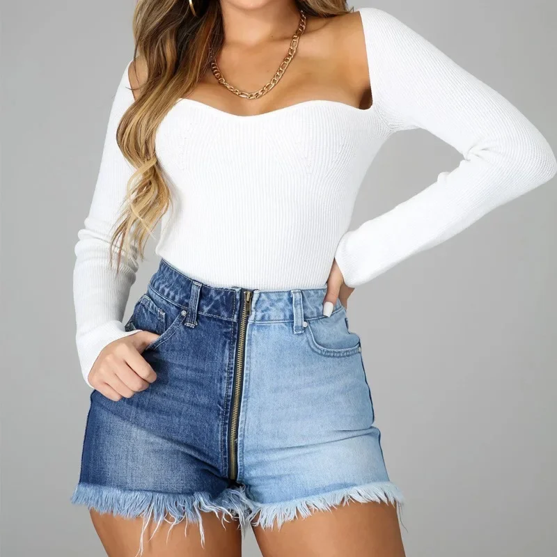 2025 New Spring and Summer Washed Yin-yang Color Casual Denim Shorts. Women's Fashionable Street Zipper High-waisted Short Jeans