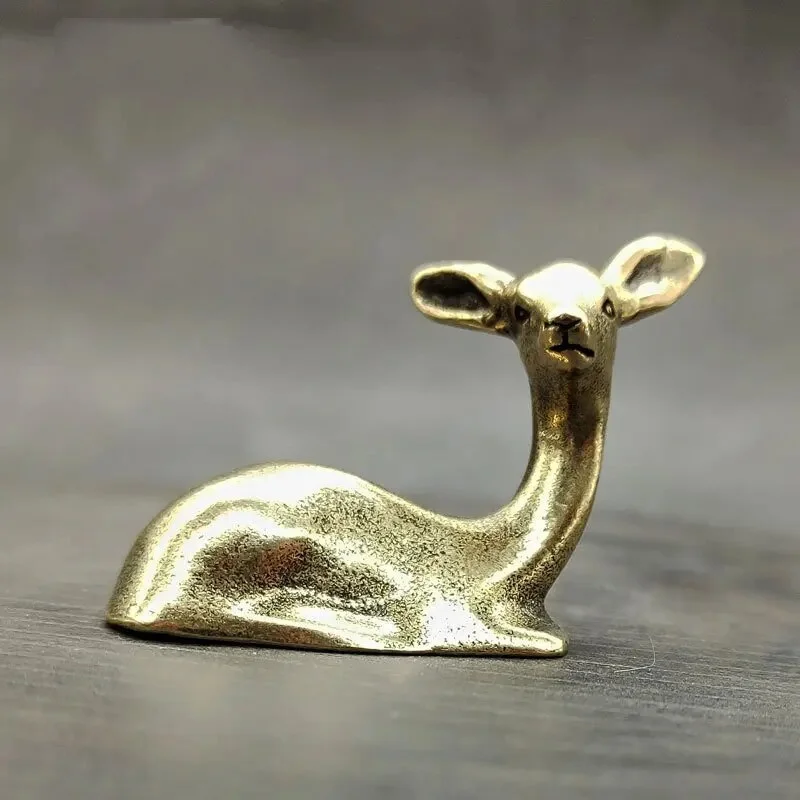 Vintage Solid Brass Lying Deer Figurine Antique Copper Small Deer Statue Desktop Tea Pet Collectible Ornament