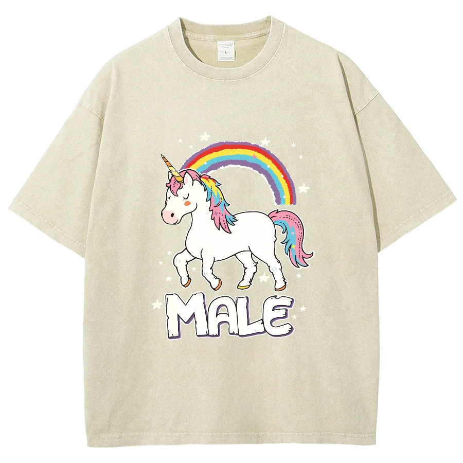 2024 Summer New Rainbow Unicorn Print Women's Cotton Washed T-Shirt Oversized Loose Mid Sleeve Cute Fashion High Quality Top