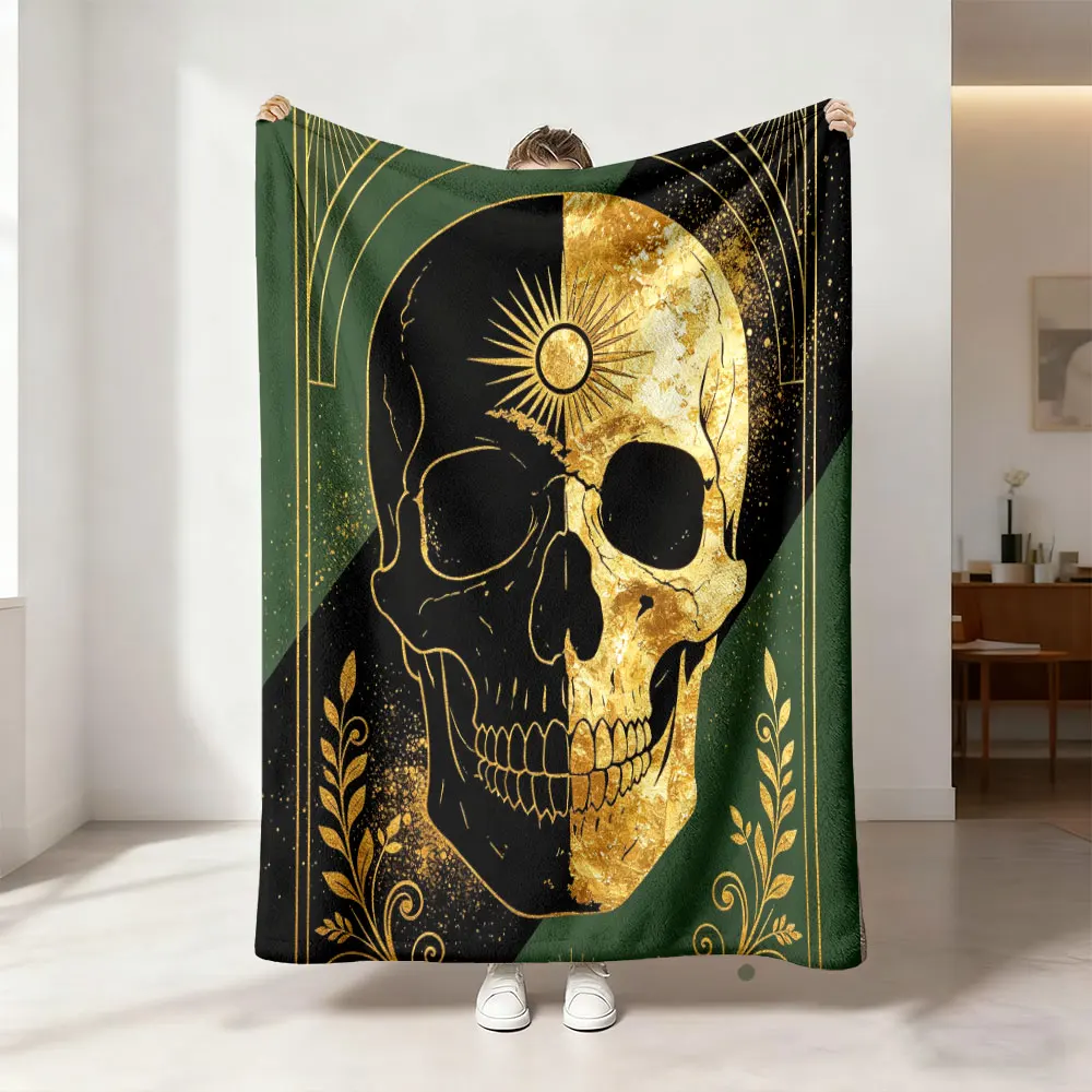 1pc retro black gold yin yang skull print flannel blanket leisure sofas or taking a nap during breaks at work