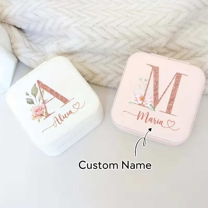 Boîte à bijoux personnalisée avec nom/texte et lettrage sur mesure - Boîte cadeau en cuir PU à thème floral avec doublure douce et fermeture à glissière
