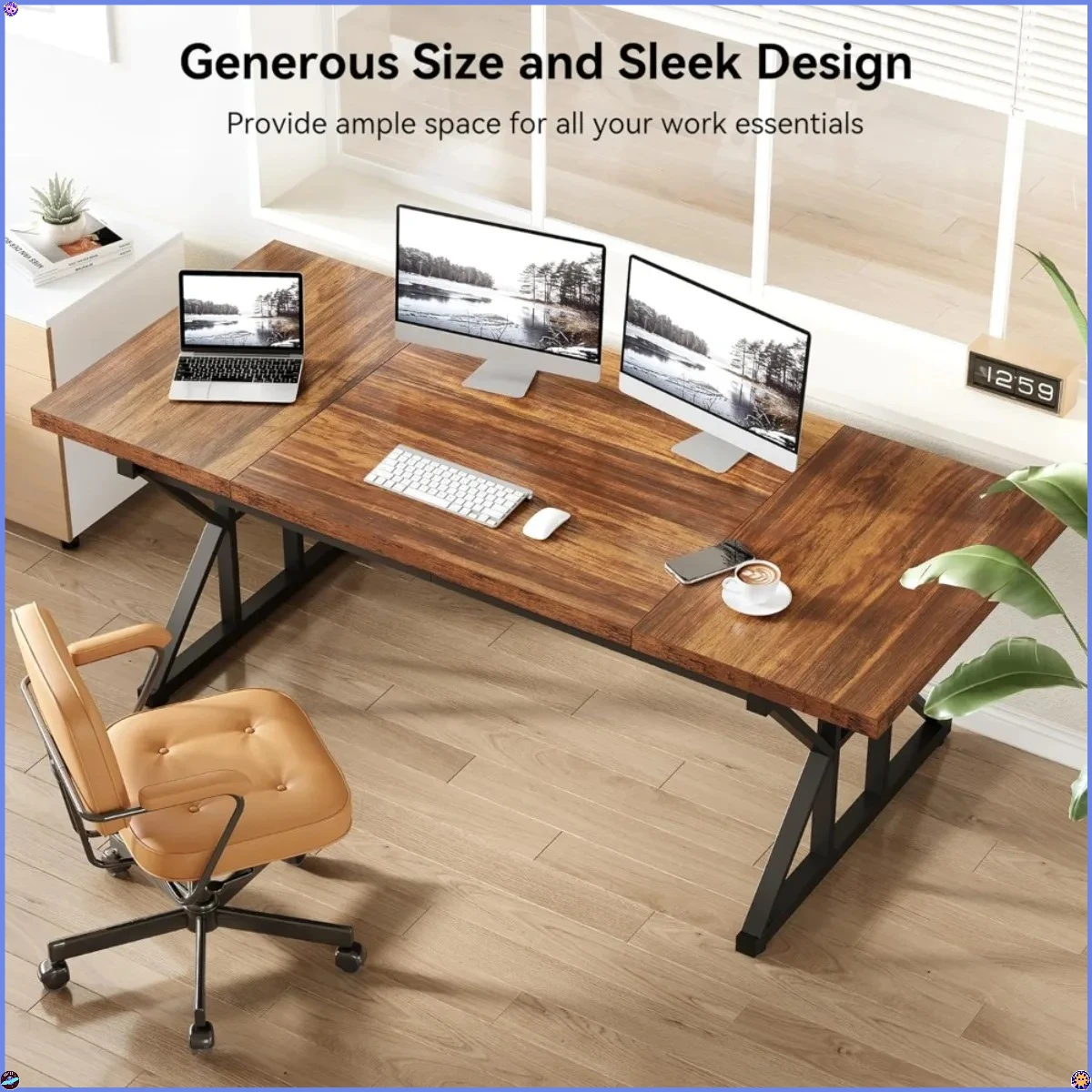 70.8-Inch Office Desk, Wooden Executive Office Desk, Modern Work Desk, Large Farmhouse Writing Table Computer Desk