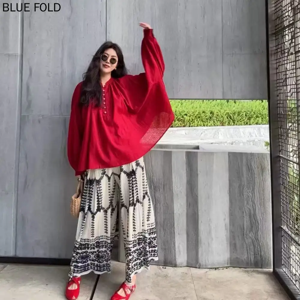 MIYAK Wide-legged Pants Women Ethnic Style Fashion Temperament Summer Comfortable Versatile Printed High Waist Drape Casual Pant