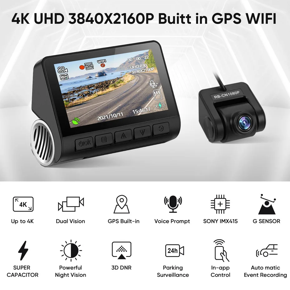 2K 4K Dual Lens Dashcam Camera 3 Inch LCD WiFi Car DVR 24H Parking Support GPS Track 1080P Rear Cam 170° FOV Auto Video Recorder