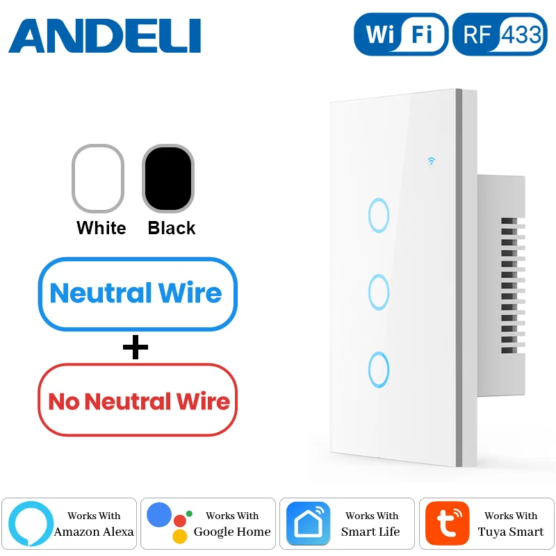 

ANDELI Tuya WiFi Smart Light Switch Israel, Neutral Wire+No Neutral Wire Required Wall Touch Switch Work with Alexa, Google Home