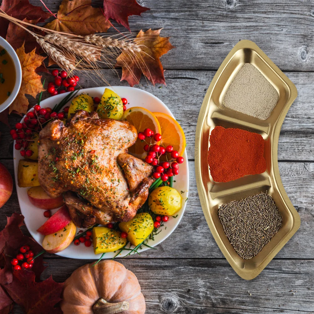 

Stainless Steel 3 Grid Dipping Dish Korean Style Sauce Salt Pepper Holder Hot Pot Seasoning Plate Kitchen Dining Tableware