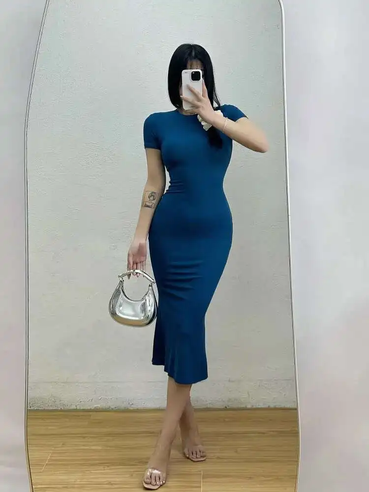 Pittig Meisje Pure Desire Kleine Ronde Hals Strakke Afslanken Korte Mouw Bodem Gewikkeld Hip Jurk Elegante Lange Jurk T-shirt H7XD
