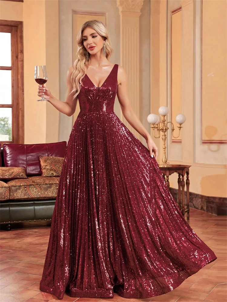 

Luxury Red V-Neck Sleeveless Formal Evening Dresses Women Sequins Wedding Party Prom Maxi Cocktail Gowns Vestidos