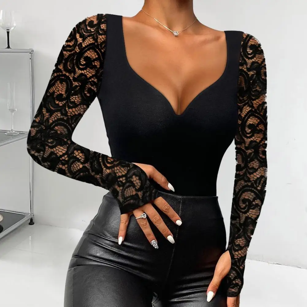 Women Slim Fit Top Stylish Woman Sexy Blouse Collection Mock Neck Square Collar Slim Fit Tee Shirt With Lace Stitching Beads