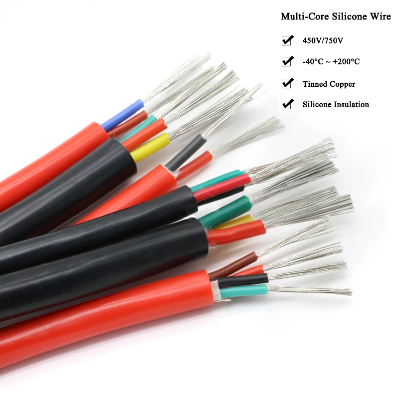 1/5M Sq 0.3 0.5 0.75 1 1.5 2 4mm Ultra Silicone Rubber Cable 2 3 4 6 Cores Insulated Flexible Copper High Temperature Wire