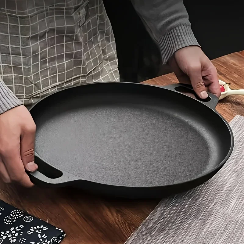 Sartén de hierro fundido multifuncional, sartén antiadherente, sartén de fondo plano de doble oreja, sartén para barbacoa, sartén para tortitas, suministros de cocina, 1 ud.