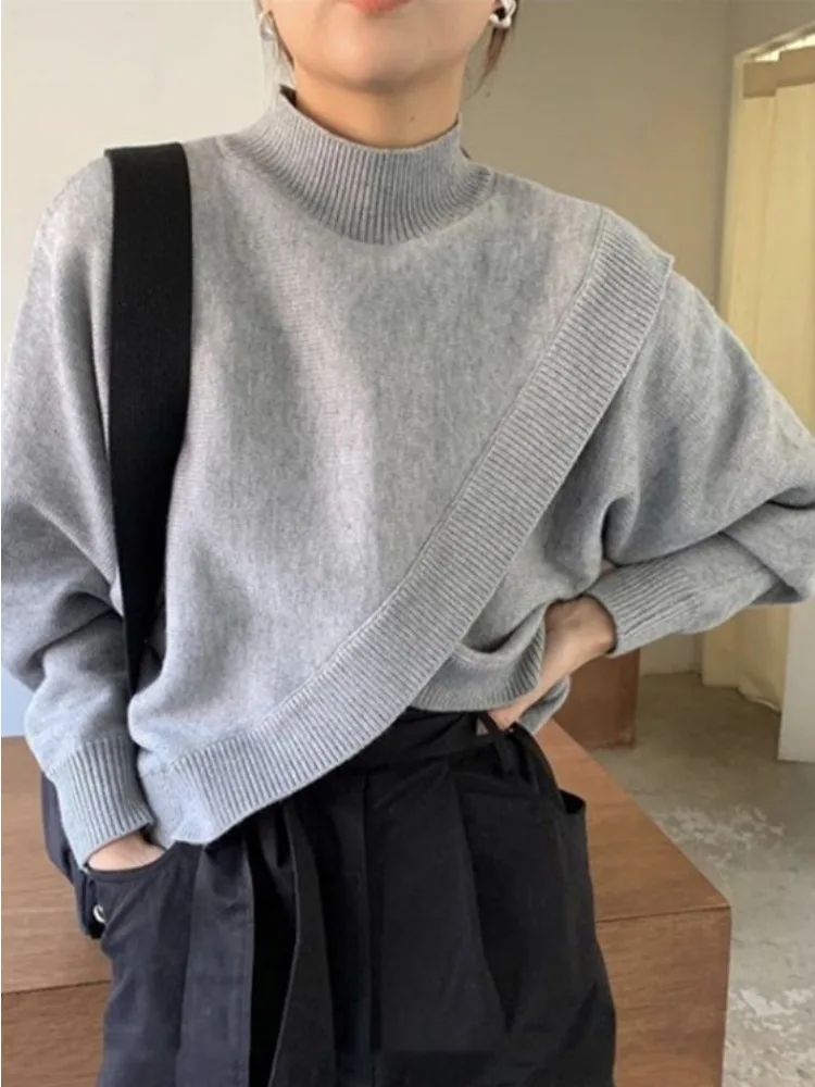 Vintage Half High Collar Loose Irregular Knit Sweater Long Sleeved Women's Autumn and Winter Sweet Commuter Sweater Solid Color