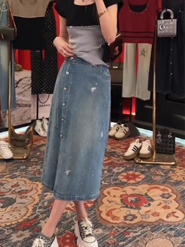 Denim Skirts Women's Clothing 2025 Spring New Hot Diamond Temperament Skirt Feminine Trendy Medium Long Skirts
