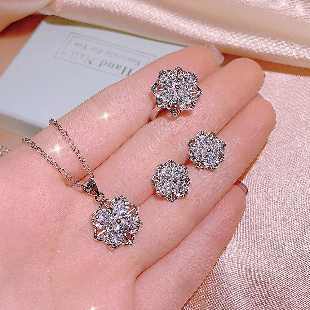 925 silver fashion niche design diamond shining personality earrings women's necklace flower ring set party birthday gift