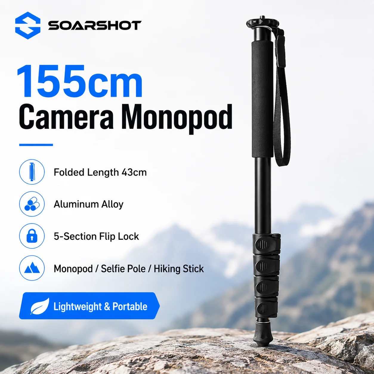 SOARSHOT 155cm Camera Monopod Aluminum Hiking Stick Extendab
