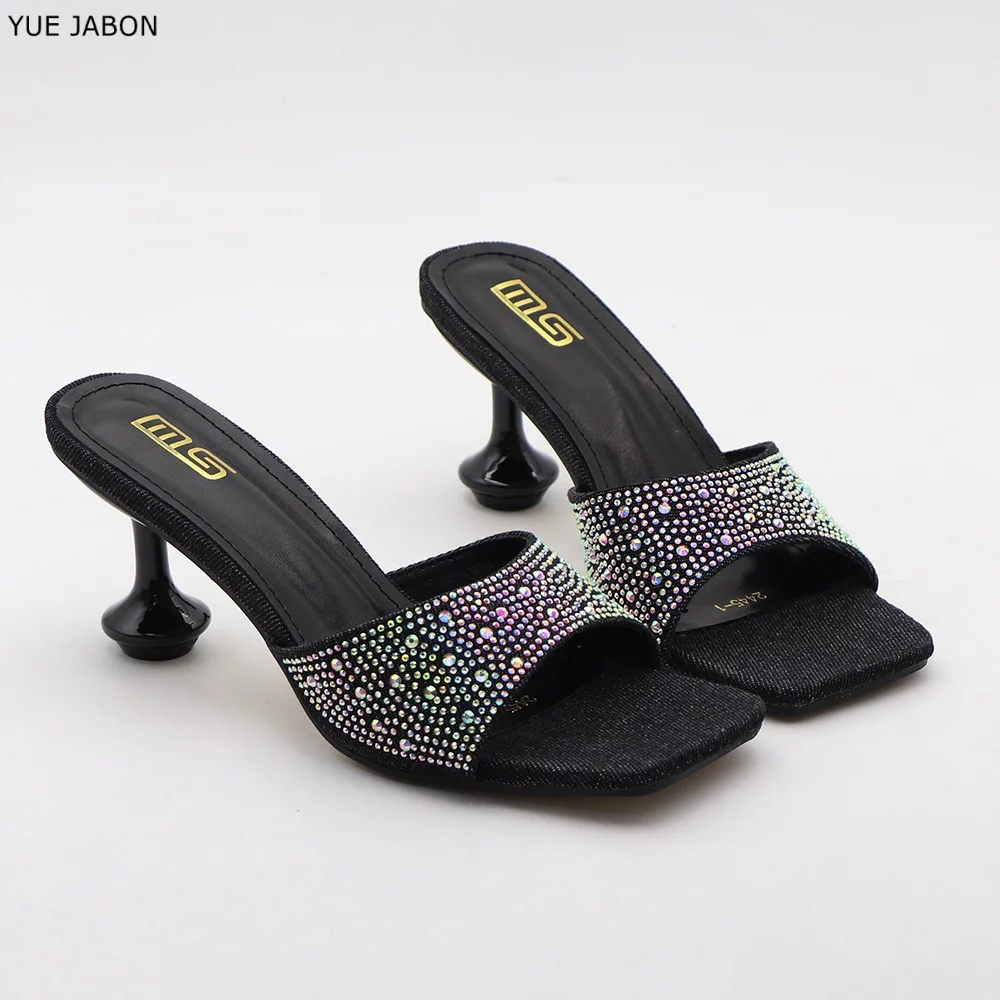 

Черные туфли-мюли с квадратным носком на высоком каблуке, летние, синие, со стразами, на каблуке, модные, для банкетов, роскошные женские туфли 2026 года