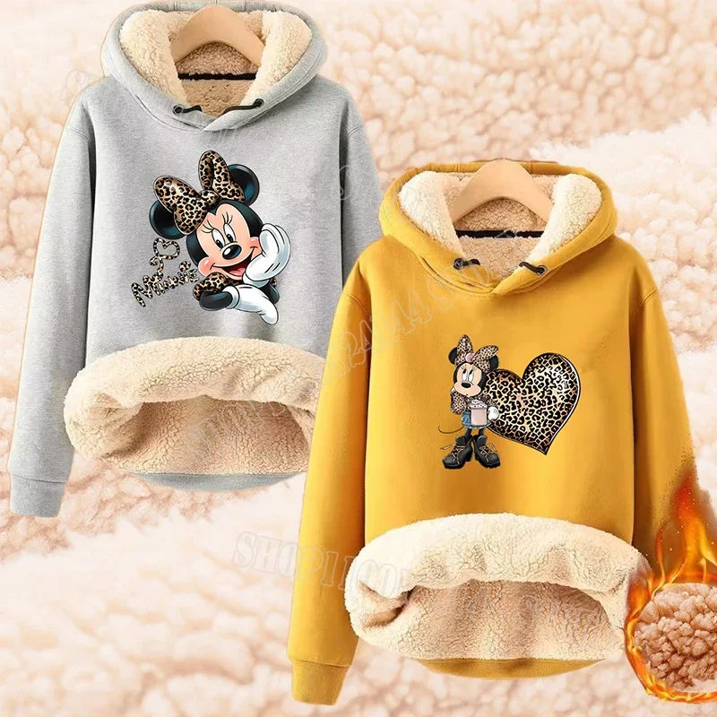 Disney Minnie Mouse damska bluza z kapturem Cartoon Anime zimowa jagnięca kaszmirowa bluza z kapturem zagęszczona odzież chroniąca ciepło prezent