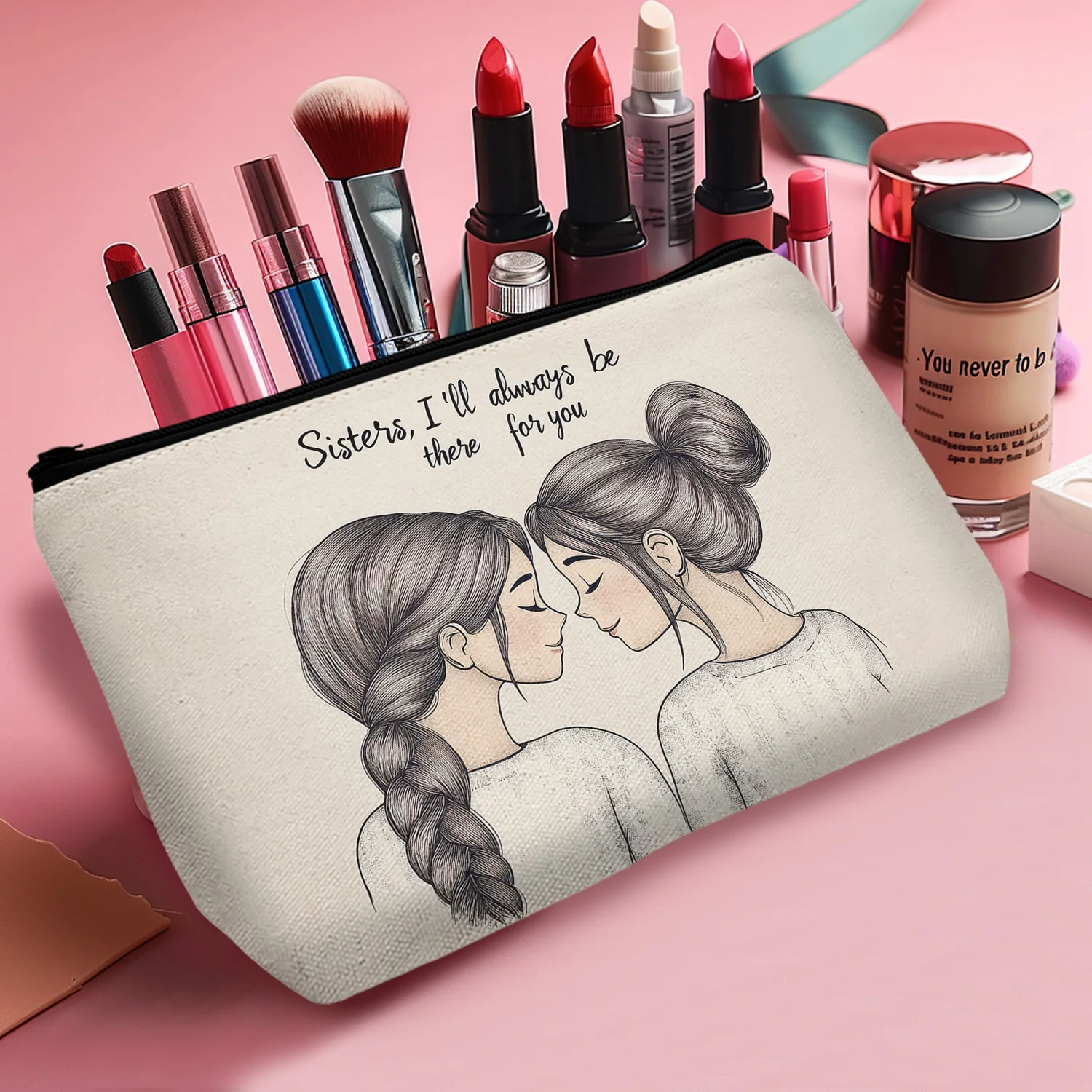 1Pc I'Ll Always Be There For You Makeup Bag Gift For Sister Family Bonding Gift Reusable Cosmetic Bag With Zipper 8.66X5.51Inch