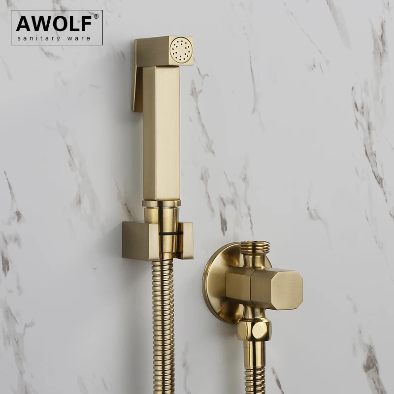 Awolf Brushed Gold Toilet Hygienic Shower Head Solid Brass Bidet Sprayer Set Square Handheld Shattaf Anal Shower System AP2112