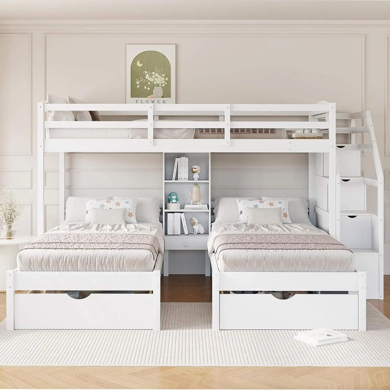 Triple Bunk Bed Twin Over Twin Over Twin Wood Frame with Storage Stairs Drawers Kids Bedroom