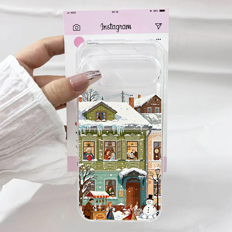 عيد الميلاد مدينة قرية مشهد جراب هاتف لجوجل بكسل 10 برو XL 9 برو 8 برو 6 7A 6A 5G الشتاء الثلوج واضح لينة غطاء من البولي يوريثان #4