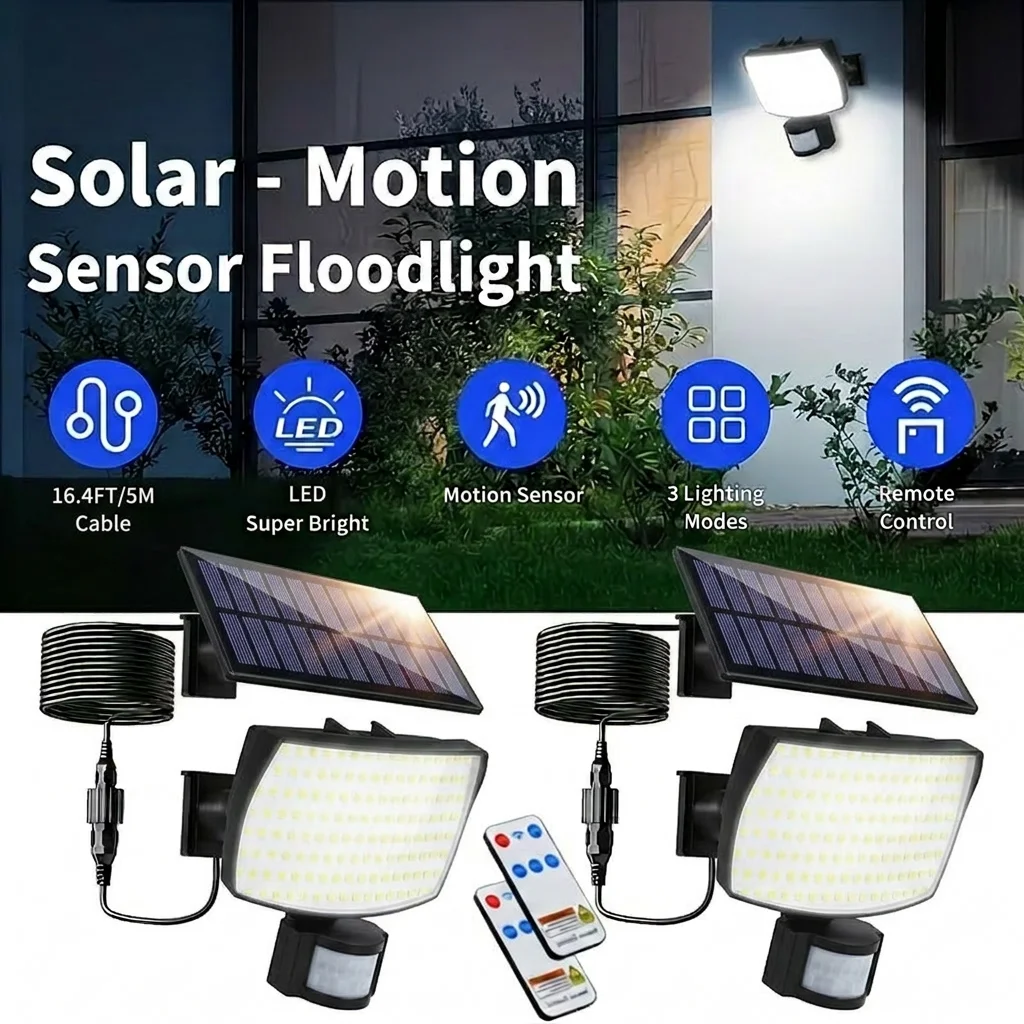 

2PCS Solar Motion Sensor Lights Outdoor, IP65 Waterproof Solar Flood Lights with 16.4ft Cable and 3 Lighting Modes, Solar Powered Security Lighting with Remote Control, For Garden, Yard, Patio, Garage, Street, Fence, Eaves