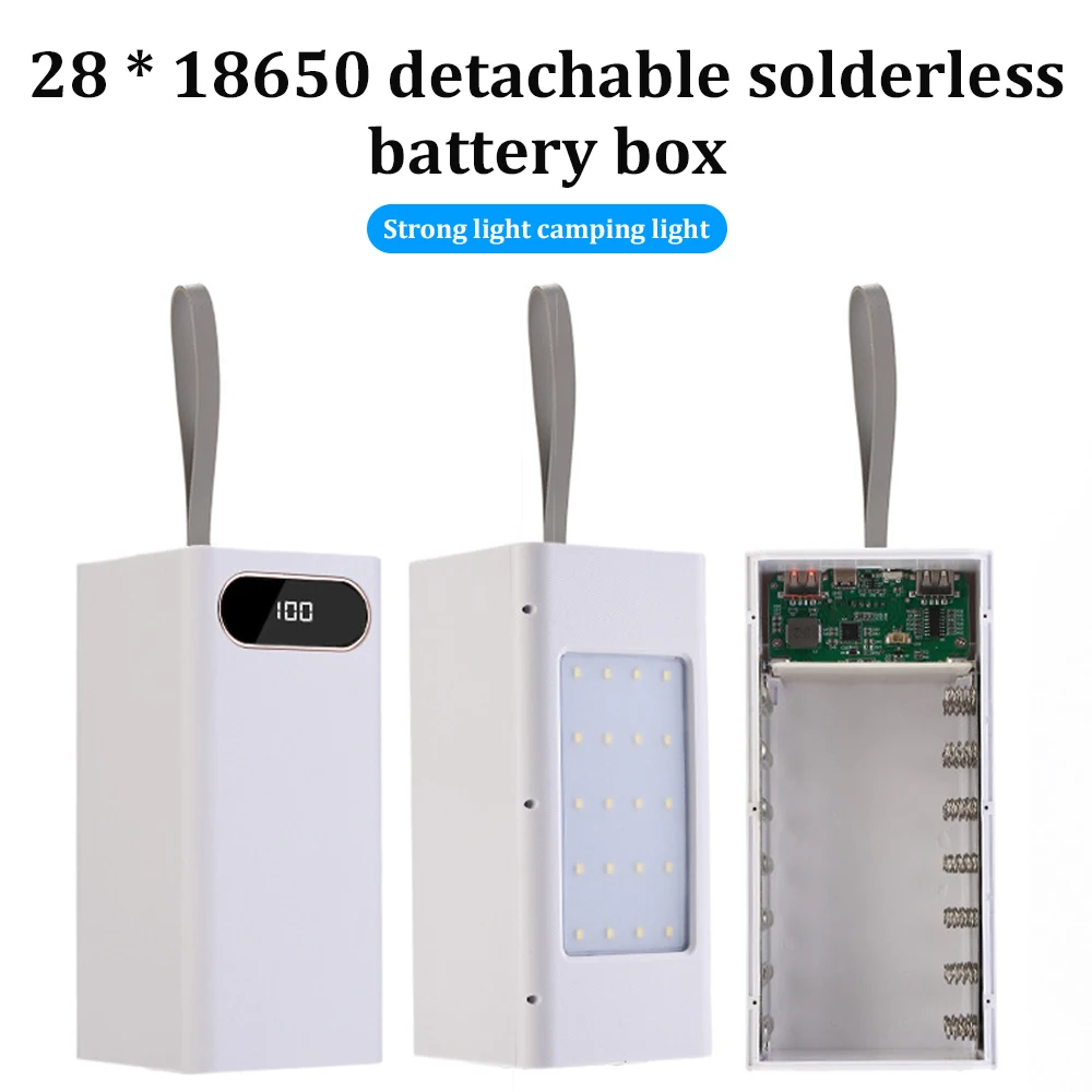 DIY 28x18650 Battery Storage Box Super Fast Charging Power Bank Case USB 5V2.1A 10W Storage Powerbank Box with Camping Light