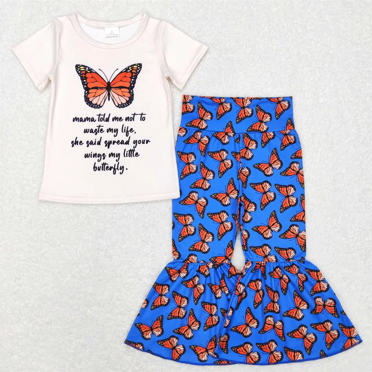 

Wholesale Infant Children Butterflies Sets Mama's Girl Toddler Short Sleeves T-shirts Kids Blue Bell Pants Infant Outfit