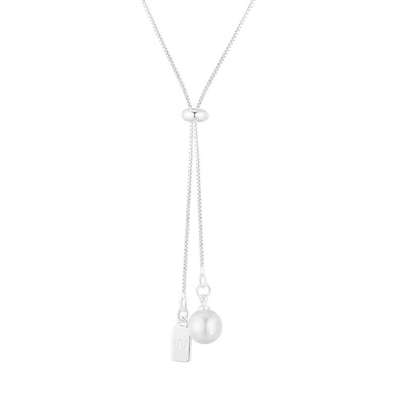 925 Sterling Silver Pearl Long Necklace Simple Charm Geometric Shape Pendant Choker Birthday Gift for Friends Exquisite Jewelry