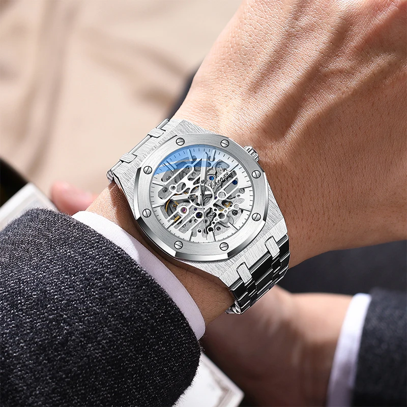 CHENXI High End Hollow Out Fully Automatic Men's Mechanical Watches Silver Black Stainless Steel Strap Watch For Man 2025