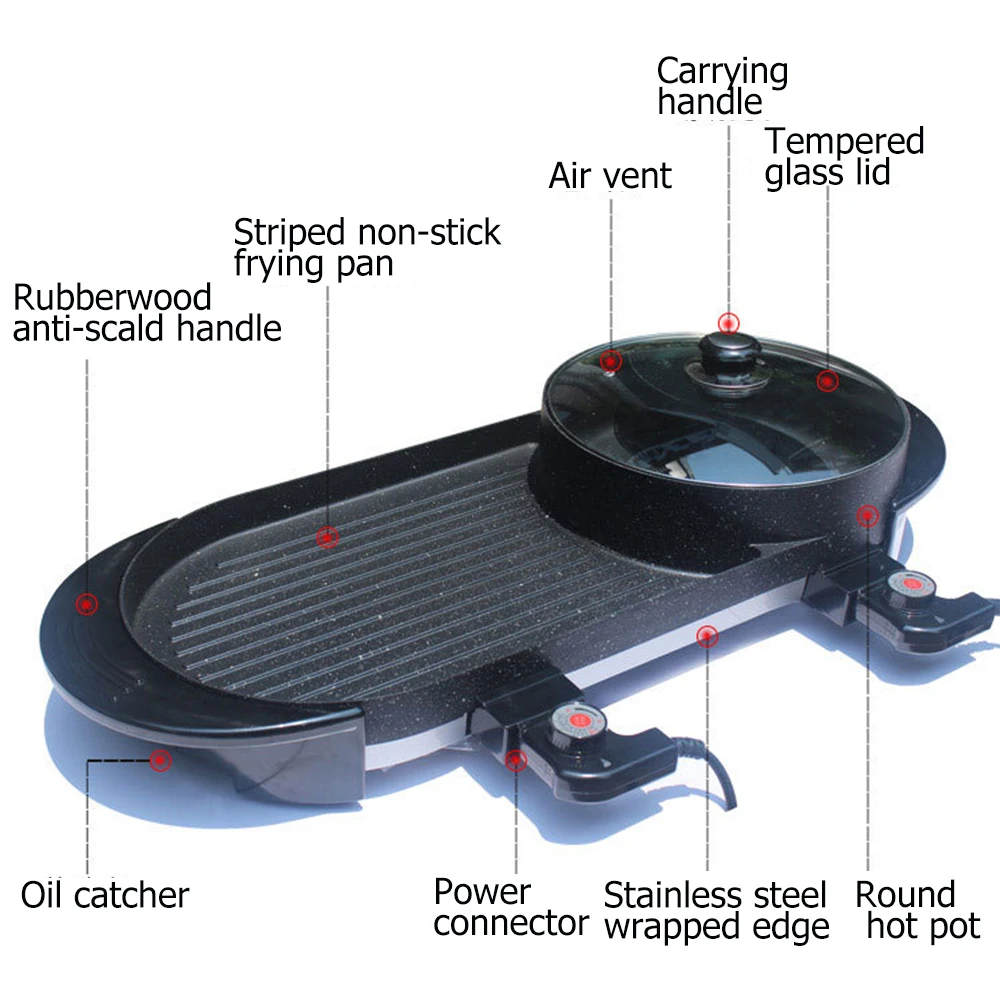 110V/220V 2in1electric Bbq Grill Hete Pot Multifunctioneel Fornuis 1350W Non-Stick 5 Versnelling Temperatuurregeling Rookloze Shabu Pan
