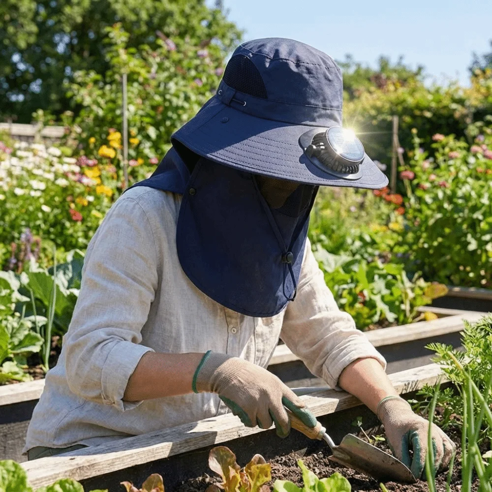 

Portable Solar Rechargeable Fan Hat Adjustable with Face Cover Fishing Sun Shading Hat 1000mA Long-lasting Wide Brim Fan Hat
