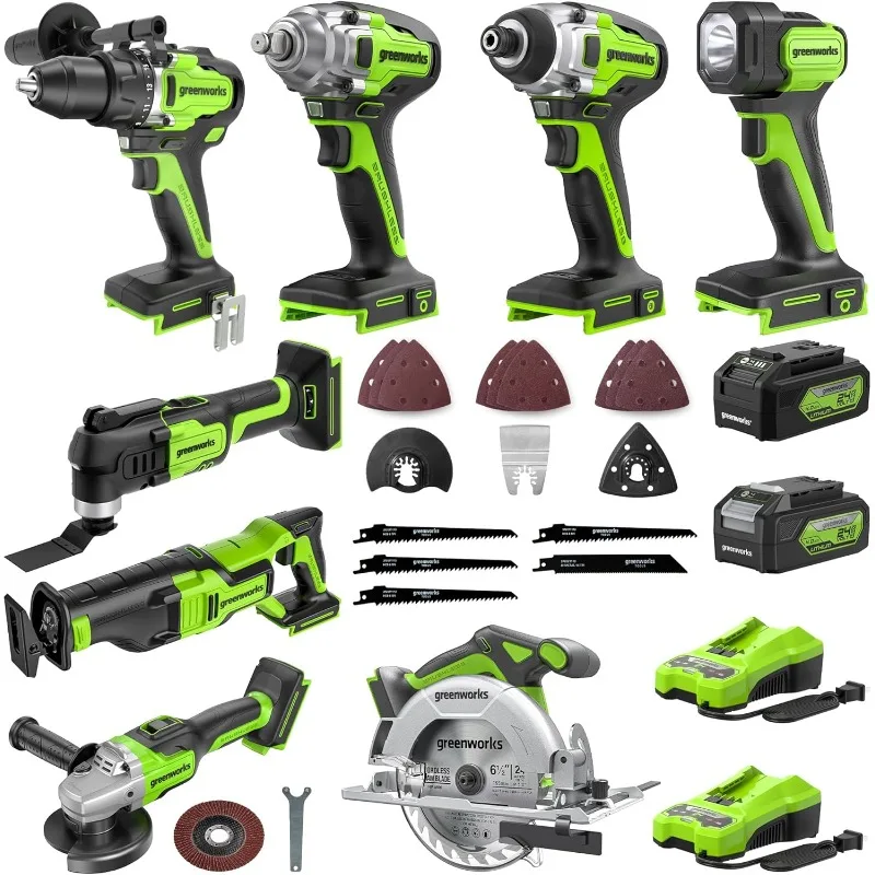 Greenworks 24V 8pcs Combo Kit,(2) Batteries & (2) Chargers. 800in/lb Drill, Impact Driver,Wrench, Multi-tool, Reciprocating Saw