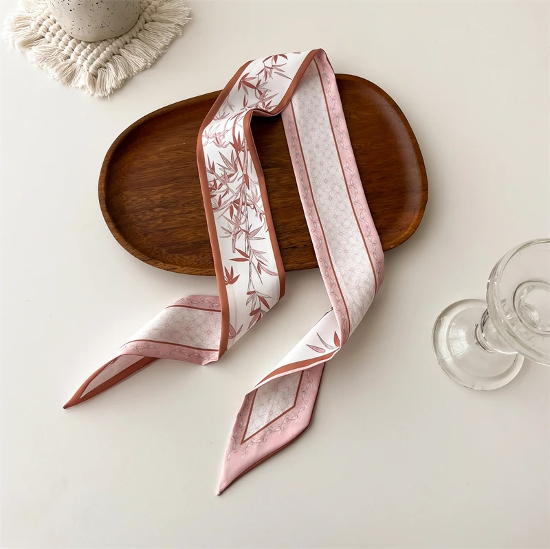 Fashion Floral Silk Skinny Scarf for Women Hairbands Soft Elegant Long Ribbon Bag Scarves Ties for Lady 2024 Spring New